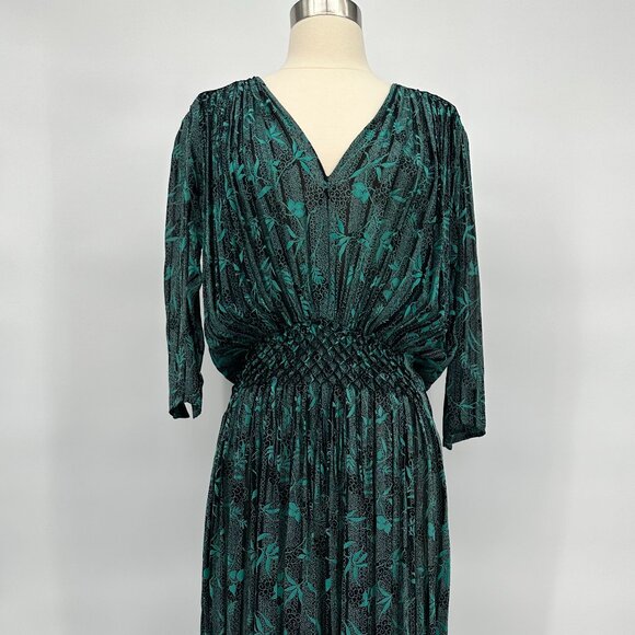 Vintage 1940s Teal and Black Rayon Crêpe, Chiffon Hand, Smocked Floral BoHo Dres - Picture 1 of 4
